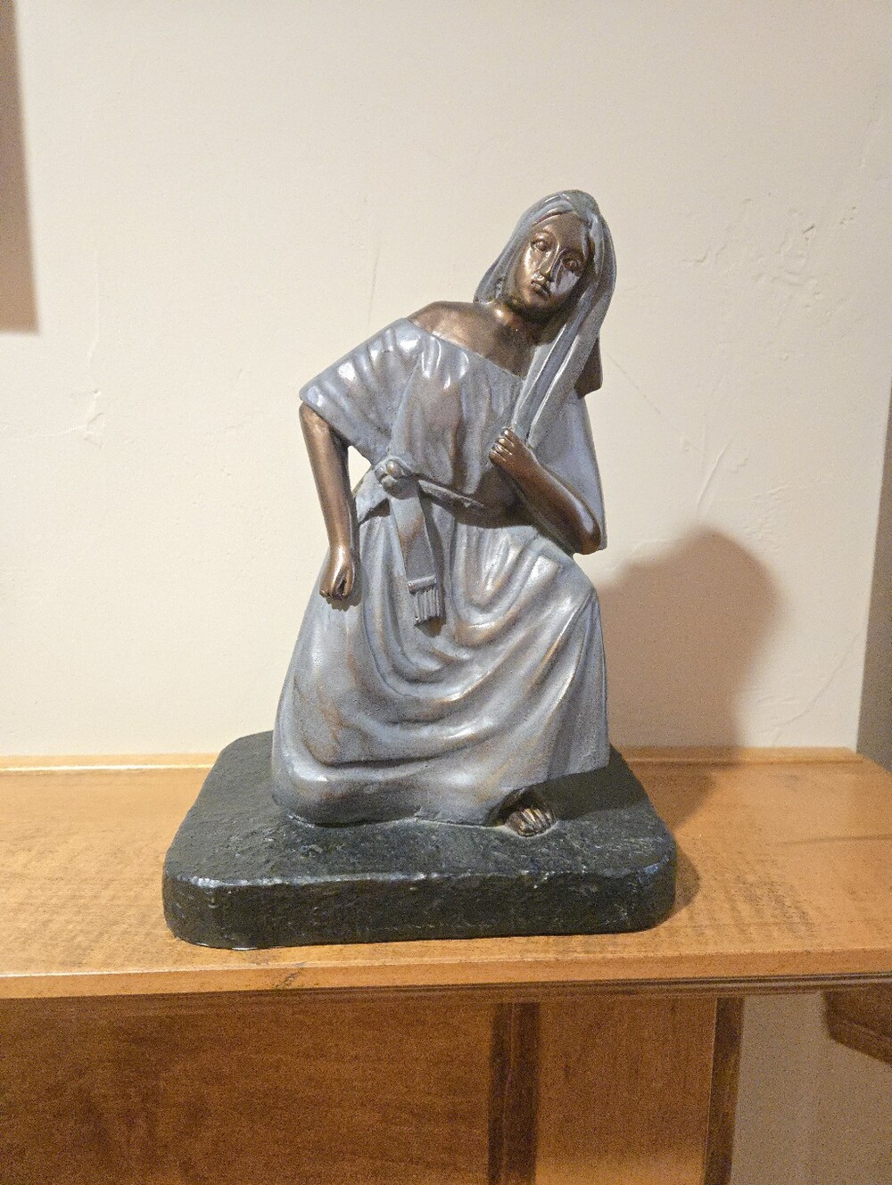 Beautiful Kneeling Woman Sculpture Heavy, Solid Blue And Bronze